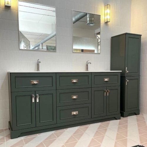 green double vanity unit and tallboy