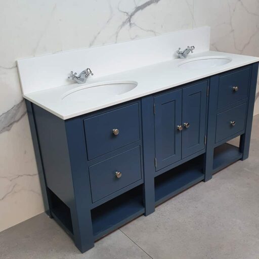 Louise Double Sink Vanity Cabinet with Large Oval undermounted Basins , Glacier White Solid surface Worktop, Painted in Hague Blue